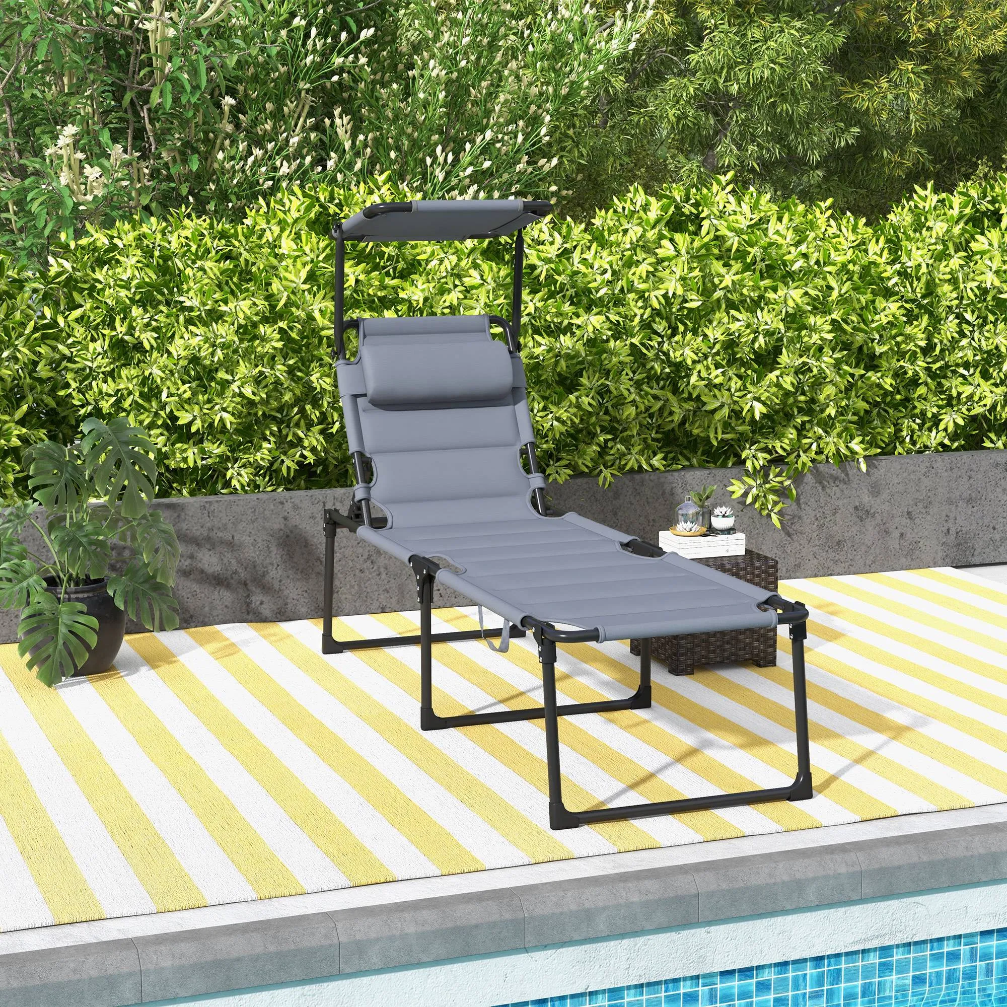 4-Position Adjustable Backrest Folding Lounge Chair with Cushion, Canopy & Pillow, Gray