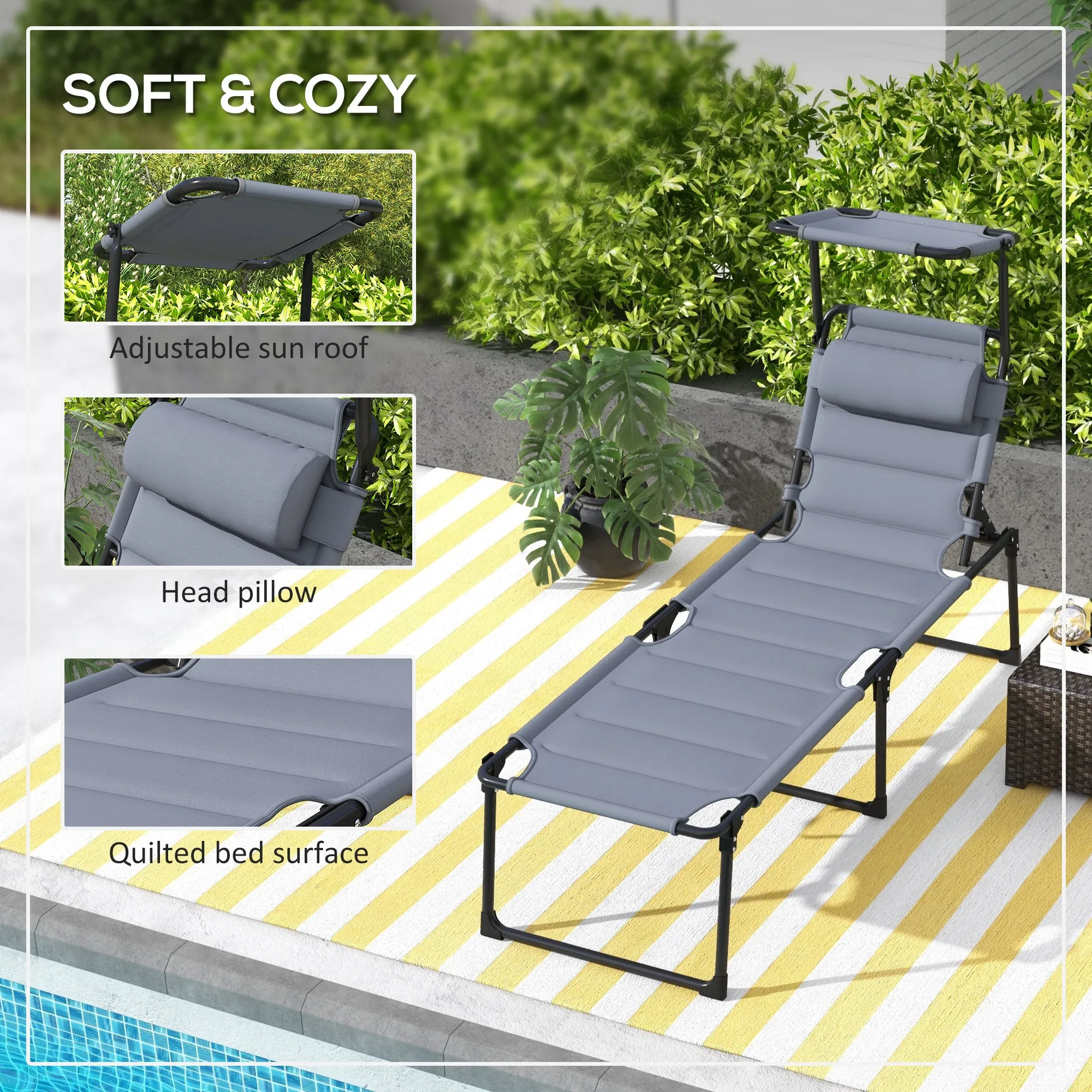 4-Position Adjustable Backrest Folding Lounge Chair with Cushion, Canopy & Pillow, Gray