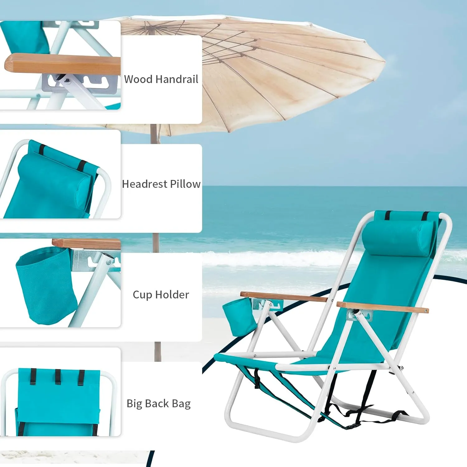 4-Position Folding Backpack Beach Chair with Headrest & Cup Holder - Portable Camping Chair with Wooden Armrests, 330LB Capacity & Adjustable Recline - Lightweight & Compact, Green