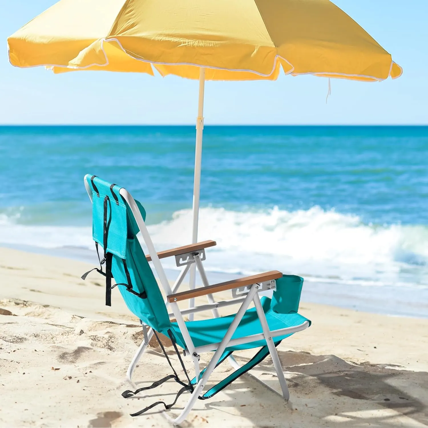 4-Position Folding Backpack Beach Chair with Headrest & Cup Holder - Portable Camping Chair with Wooden Armrests, 330LB Capacity & Adjustable Recline - Lightweight & Compact, Green