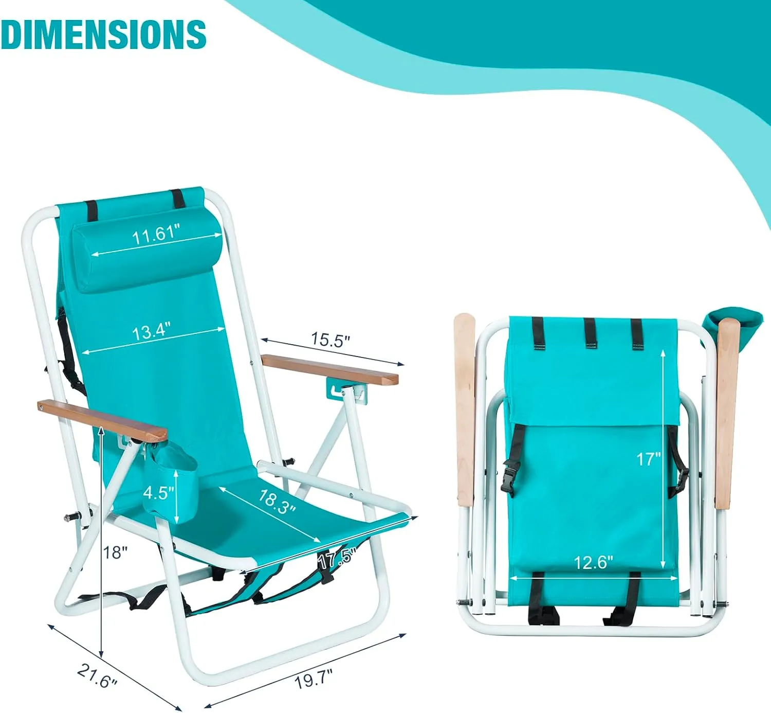 4-Position Folding Backpack Beach Chair with Headrest & Cup Holder - Portable Camping Chair with Wooden Armrests, 330LB Capacity & Adjustable Recline - Lightweight & Compact, Green