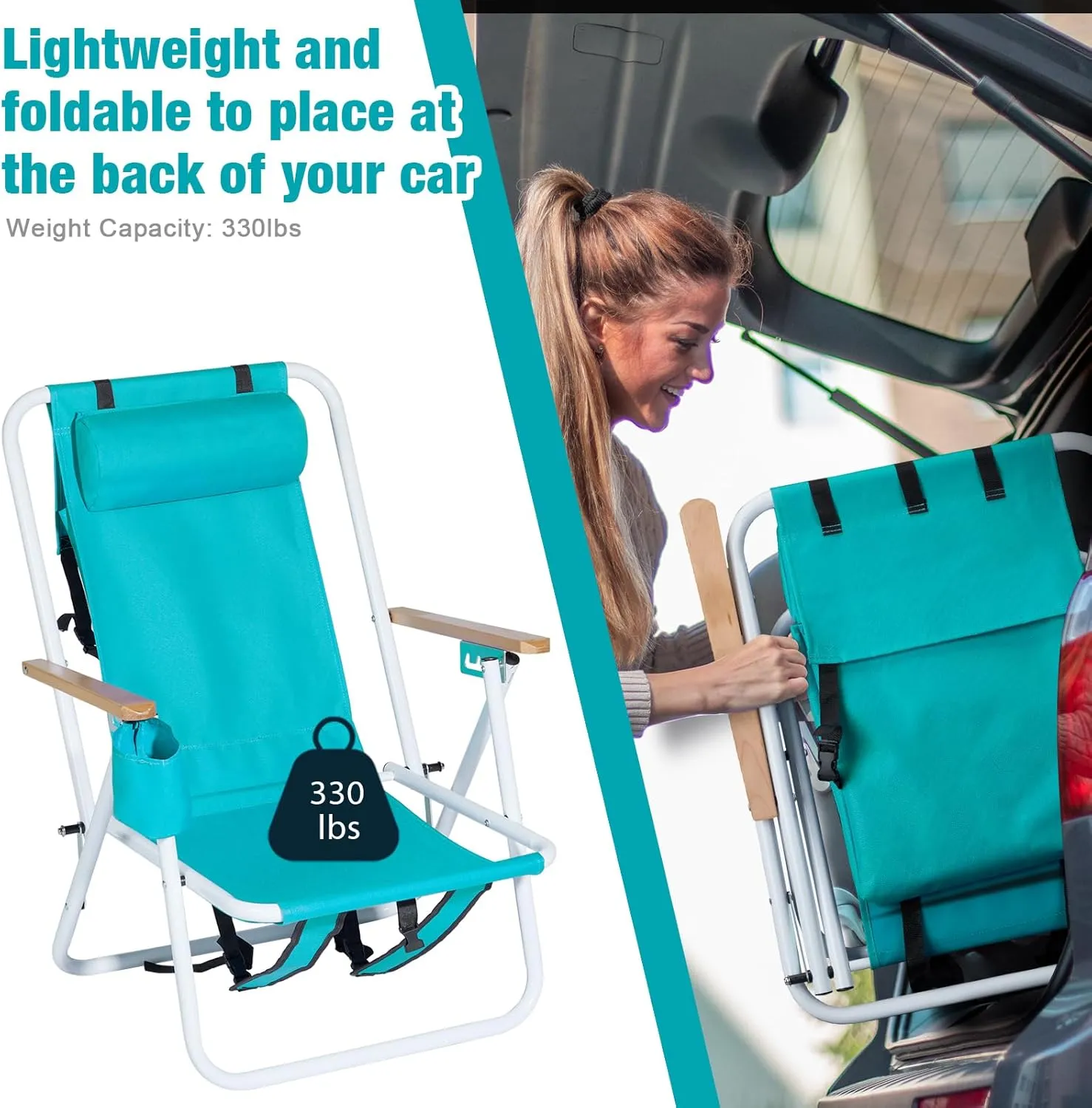 4-Position Folding Backpack Beach Chair with Headrest & Cup Holder - Portable Camping Chair with Wooden Armrests, 330LB Capacity & Adjustable Recline - Lightweight & Compact, Green