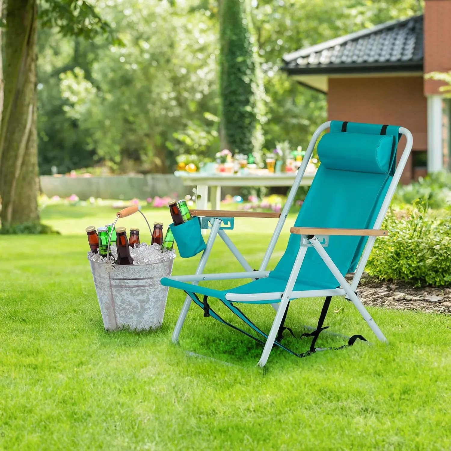 4-Position Folding Backpack Beach Chair with Headrest & Cup Holder - Portable Camping Chair with Wooden Armrests, 330LB Capacity & Adjustable Recline - Lightweight & Compact, Green