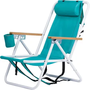 4-Position Folding Backpack Beach Chair with Headrest & Cup Holder - Portable Camping Chair with Wooden Armrests, 330LB Capacity & Adjustable Recline - Lightweight & Compact, Green