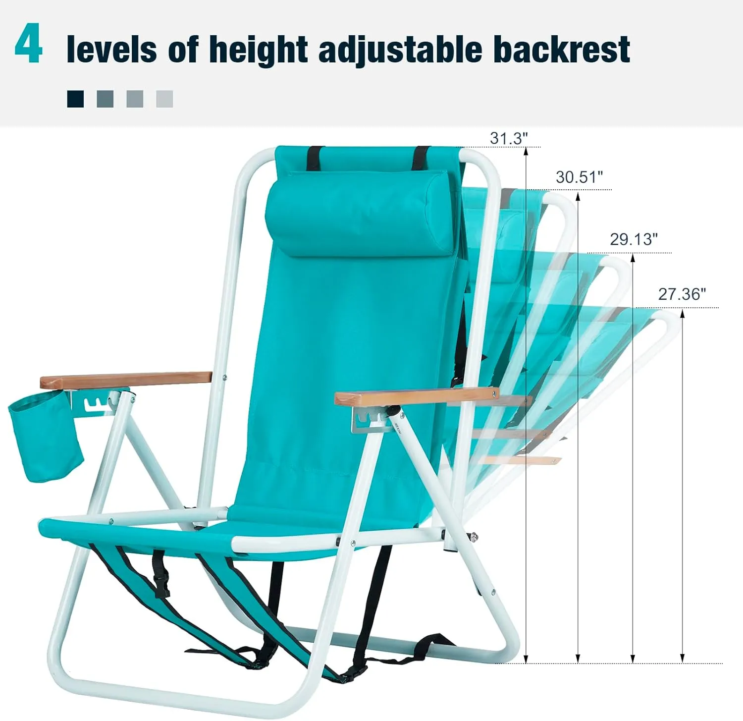 4-Position Folding Backpack Beach Chair with Headrest & Cup Holder - Portable Camping Chair with Wooden Armrests, 330LB Capacity & Adjustable Recline - Lightweight & Compact, Green