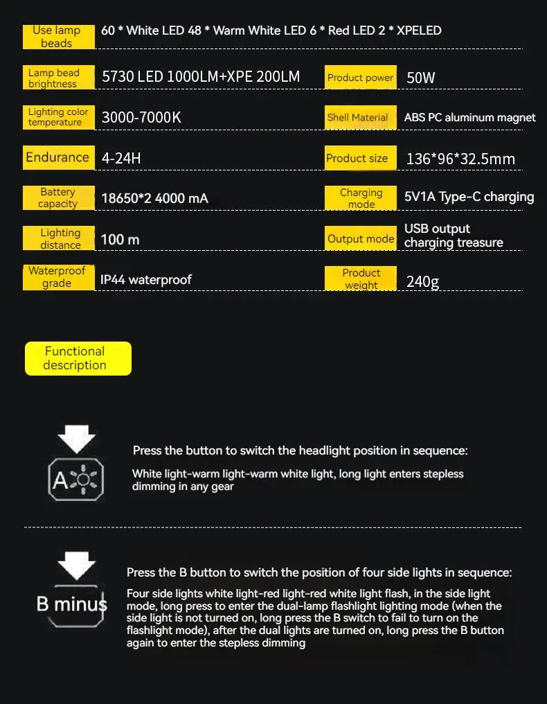 4000mAh LED Tent Light Rechargeable Camping Lantern with Magnet Portable Strong Light Emergency Lamp Outdoor Repair Lighting