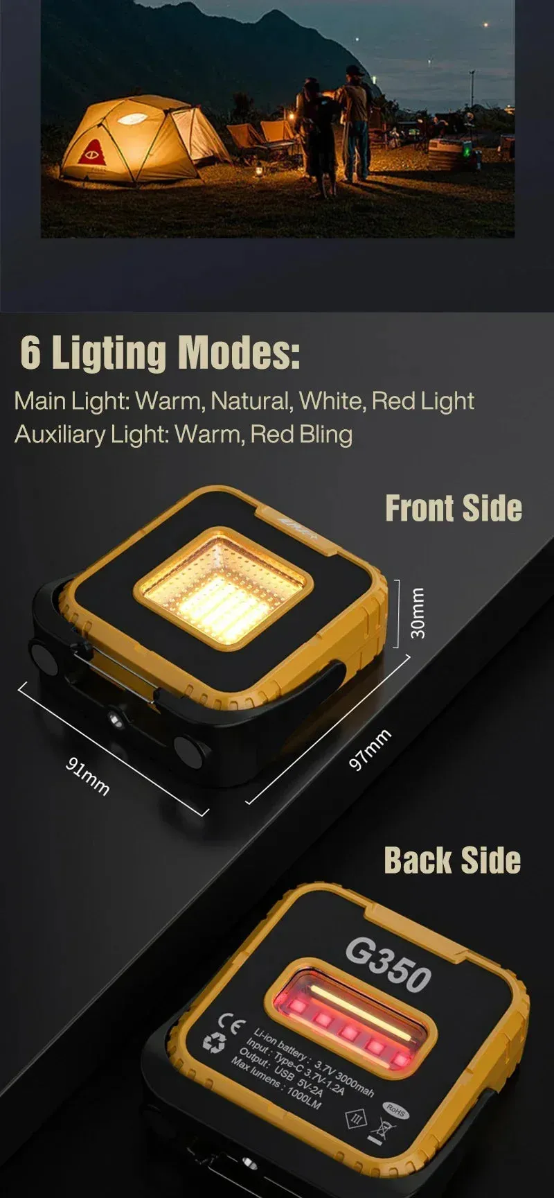 4000mAh LED Tent Light Rechargeable Camping Lantern with Magnet Portable Strong Light Emergency Lamp Outdoor Repair Lighting