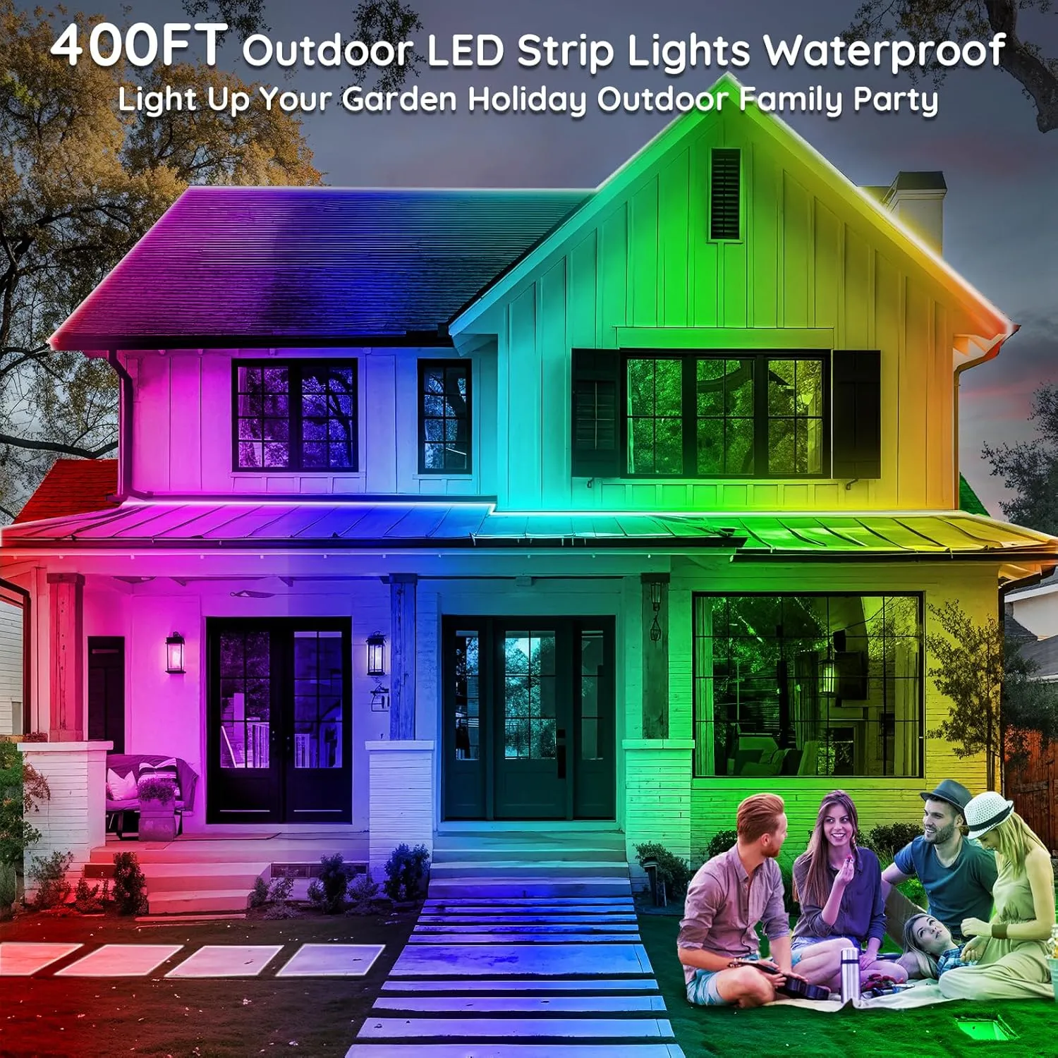 400ft Outdoor LED Strip Lights Waterproof,IP68 Outside Led Light Strips Waterproof with App and Remote,Music Sync RGB Exterior Led Rope Lights with Self Adhesive Back for Roof,Deck,Balcony