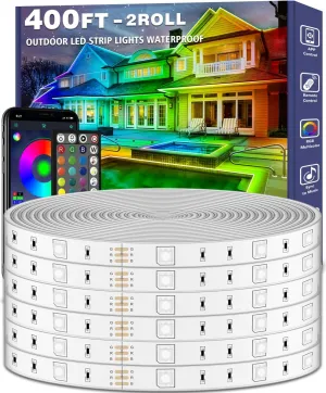 400ft Outdoor LED Strip Lights Waterproof,IP68 Outside Led Light Strips Waterproof with App and Remote,Music Sync RGB Exterior Led Rope Lights with Self Adhesive Back for Roof,Deck,Balcony