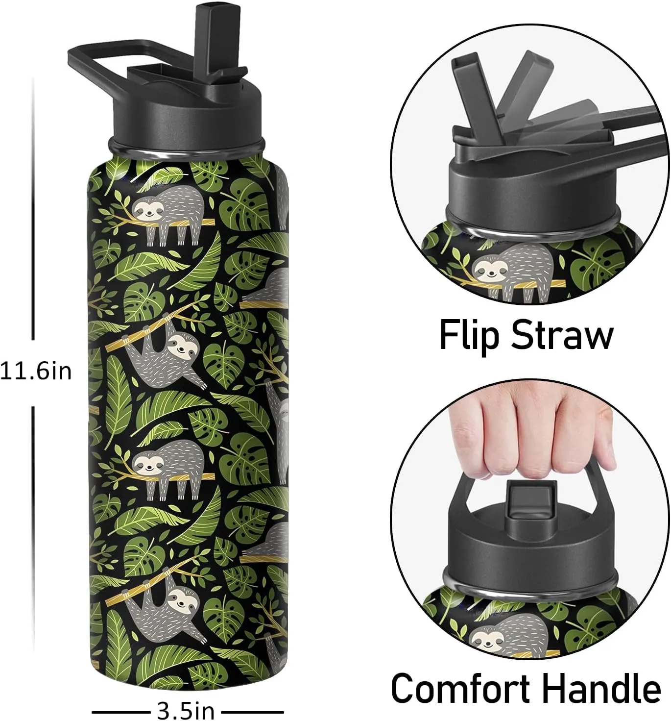 40oz Sloth Water Bottle with Handle and Flip Straw, Animal Sports Stainless Steel Insulated Cup Travel Coffee Mug Tumbler, Birthday Mothers Day Chritmas Gifts for Women