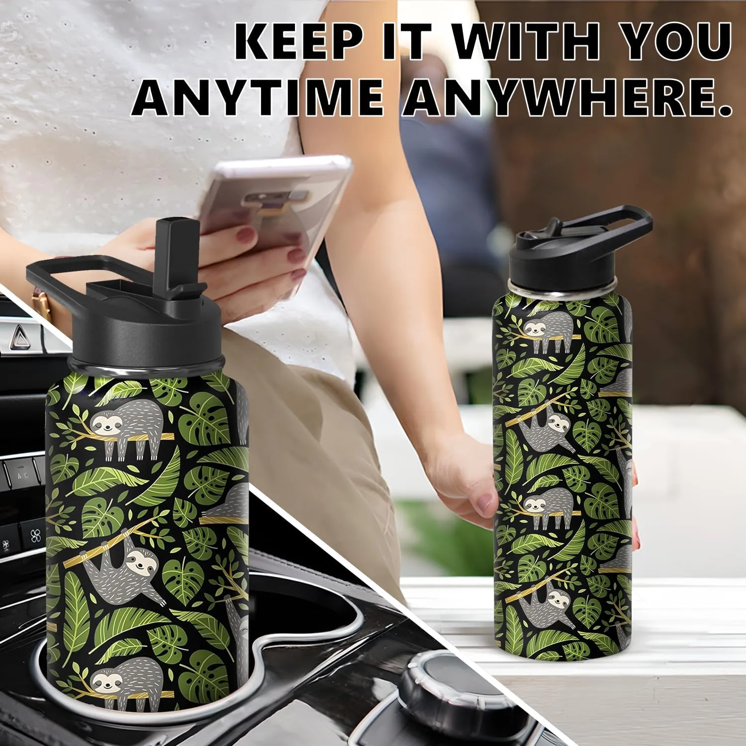 40oz Sloth Water Bottle with Handle and Flip Straw, Animal Sports Stainless Steel Insulated Cup Travel Coffee Mug Tumbler, Birthday Mothers Day Chritmas Gifts for Women
