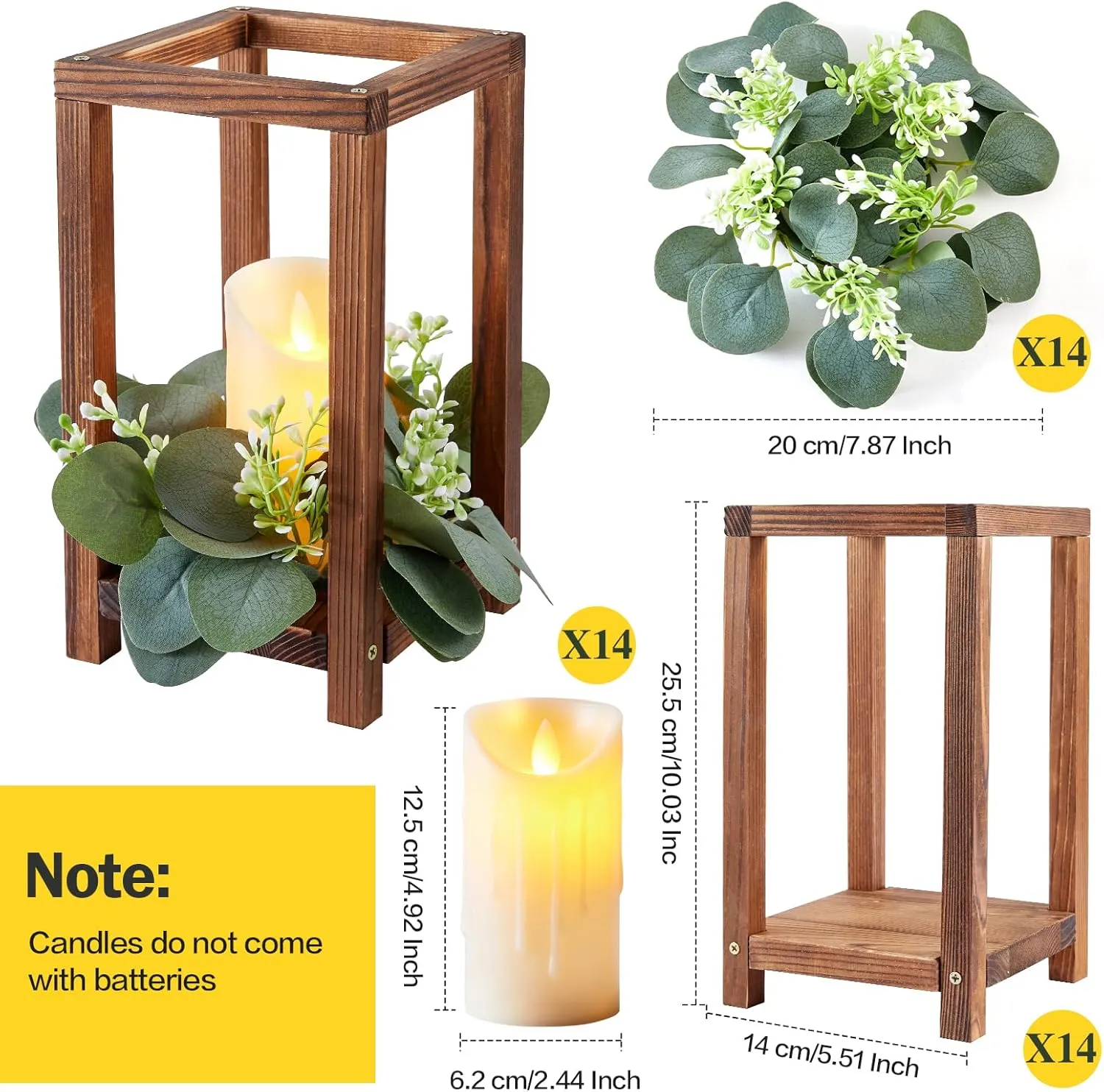 42 Pcs /14 Set Wedding Lantern Centerpiece for Table-Wooden Candle Lantern Bulk Includes 14 Farmhouse Wooden Candle Holder 14 Flameless LED Candles 14 Eucalyptus Leaves Wreath for Decoration
