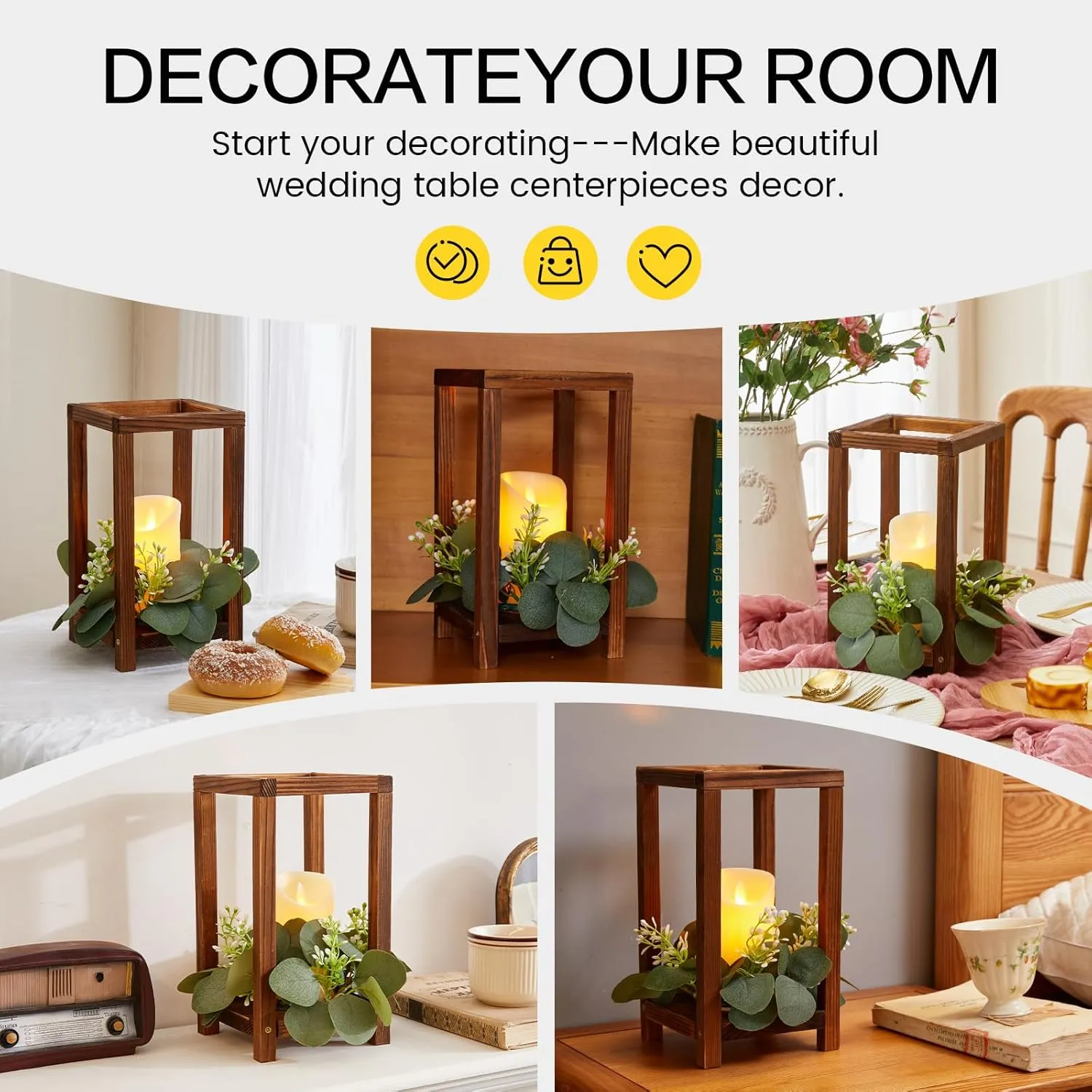 42 Pcs /14 Set Wedding Lantern Centerpiece for Table-Wooden Candle Lantern Bulk Includes 14 Farmhouse Wooden Candle Holder 14 Flameless LED Candles 14 Eucalyptus Leaves Wreath for Decoration