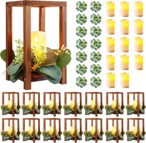 42 Pcs /14 Set Wedding Lantern Centerpiece for Table-Wooden Candle Lantern Bulk Includes 14 Farmhouse Wooden Candle Holder 14 Flameless LED Candles 14 Eucalyptus Leaves Wreath for Decoration