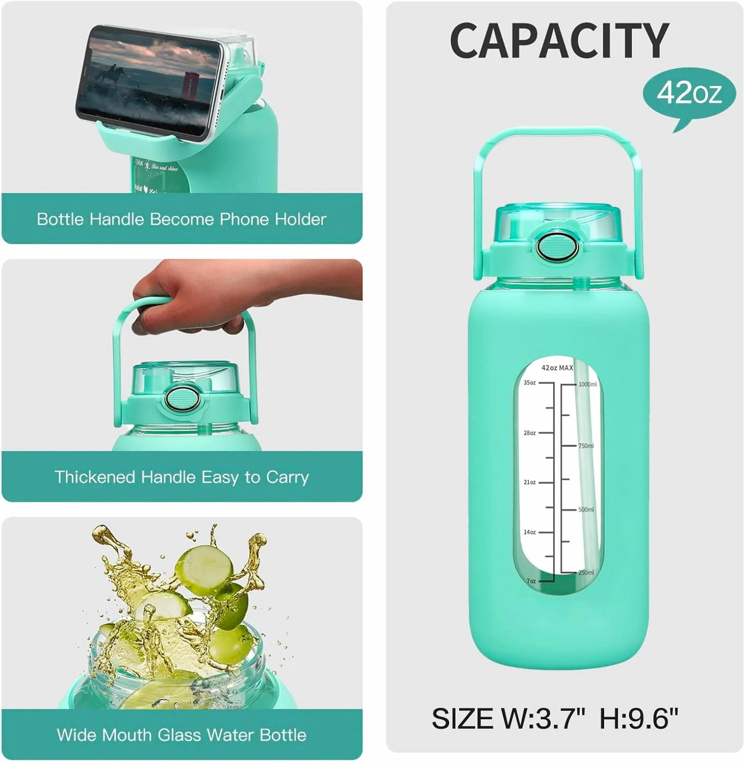 42oz/52oz/64oz Glass Water Bolttles with Straw Half Gallon Large Motivational Water Bottle with Time Marker Sports Water Bottles with Silicone Sleeve and Handle Lid Water Jug for Gym Workout