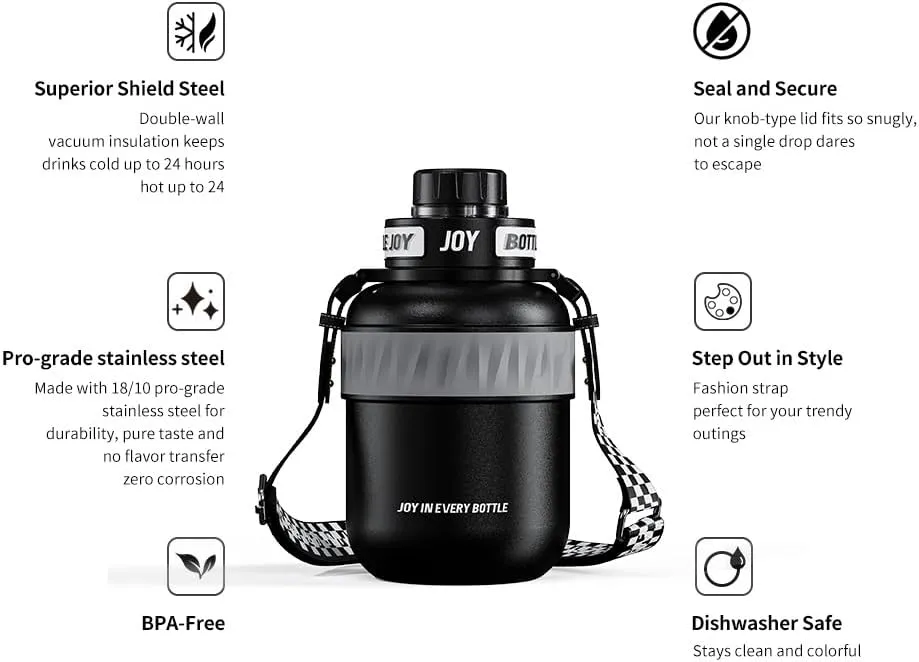 48 oz Stainless Steel Water Bottle with Strap, Double Vacuum Insulated Water Bottle Eco-Friendly and Dishwasher Safe Leakproof Closeable Lid for Cold Drinks Sports Travel School Car