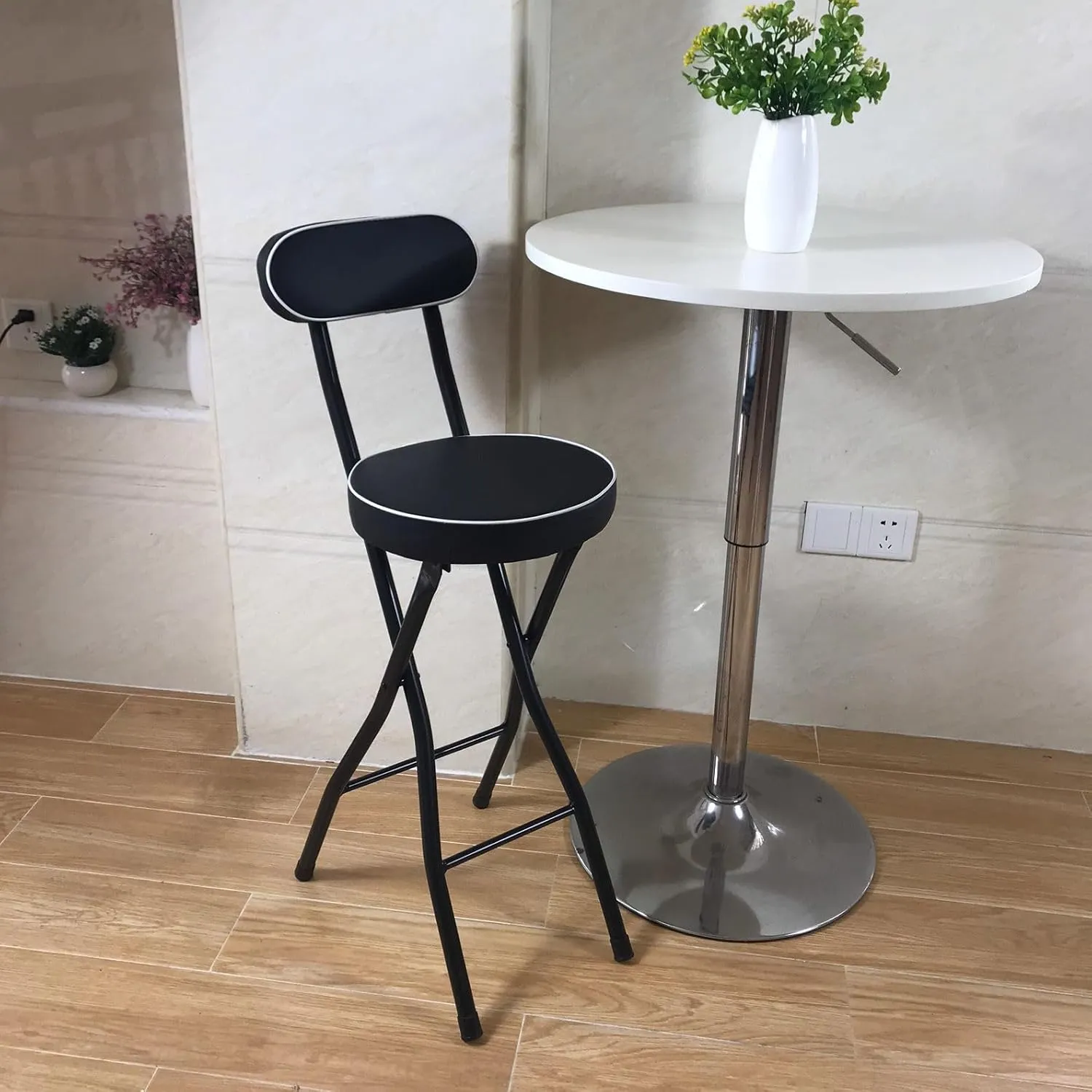 4PCS Cushioned Padded Folding Stool with Backrest, Freestanding Bar Stools with Cushion Portable Folding Stool with Safety Latch Modern Foldable High Chairs Black for Bar Outdoor