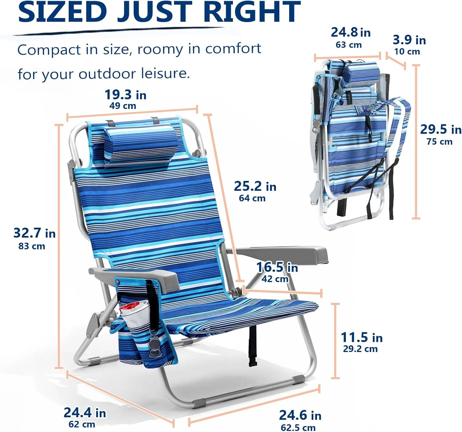 5-Position Aluminum Lay Flat Tall Backpack Beach Chairs 2 Pack, Compact Portable Beach Chairs for Adults with Cooler Pouch, Storage Pouch, Towel Bar, Cup Holder & Phone Holder, Blue Stripe
