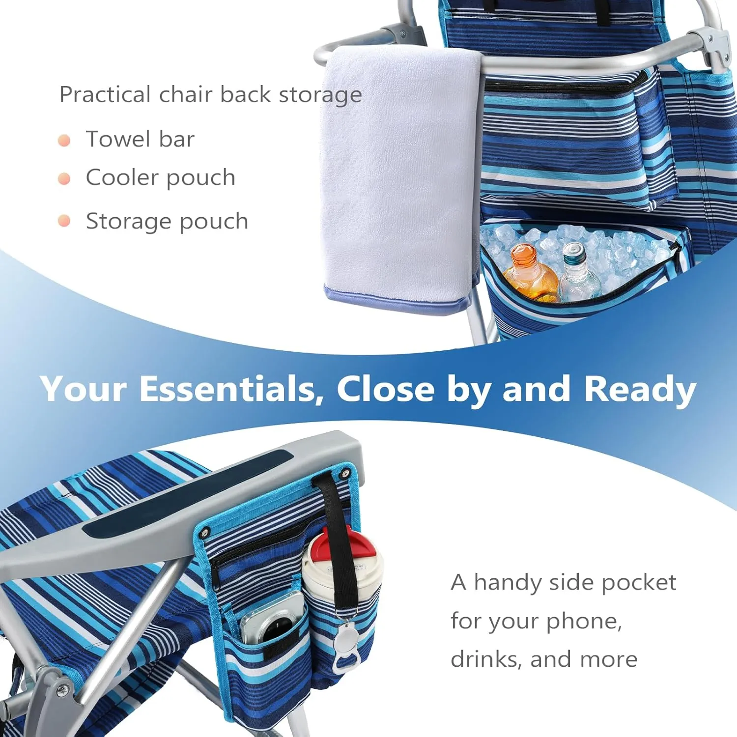 5-Position Aluminum Lay Flat Tall Backpack Beach Chairs 2 Pack, Compact Portable Beach Chairs for Adults with Cooler Pouch, Storage Pouch, Towel Bar, Cup Holder & Phone Holder, Blue Stripe