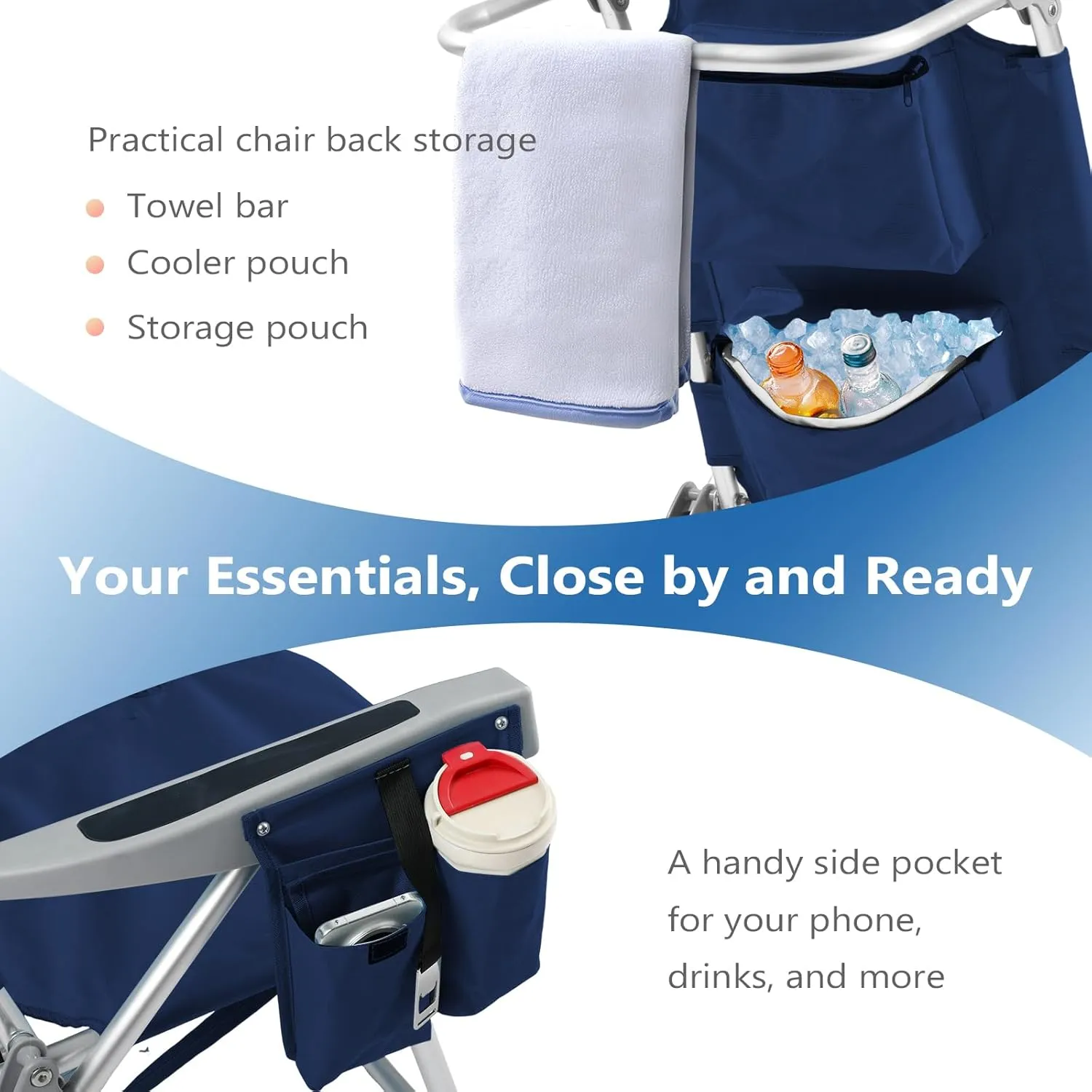 5-Position Aluminum Lay Flat Tall Beach Chair, Compact Portable Backpack Beach Chair for Adults with Cooler Pouch, Storage Pouch, Towel Bar, Cup Holder & Phone Holder, Navy