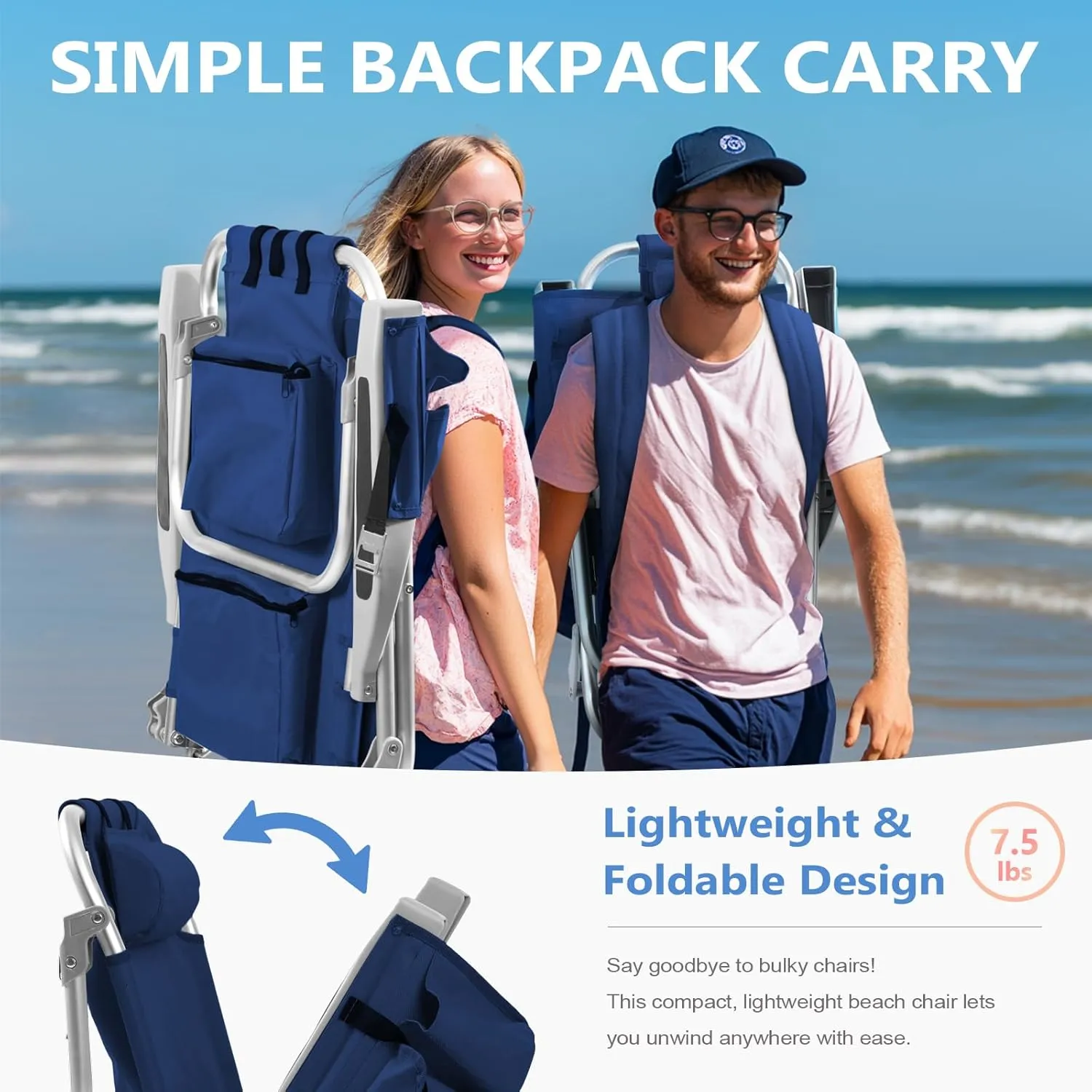 5-Position Aluminum Lay Flat Tall Beach Chair, Compact Portable Backpack Beach Chair for Adults with Cooler Pouch, Storage Pouch, Towel Bar, Cup Holder & Phone Holder, Navy