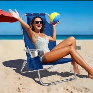 5-Position Aluminum Lay Flat Tall Beach Chair, Compact Portable Backpack Beach Chair for Adults with Cooler Pouch, Storage Pouch, Towel Bar, Cup Holder & Phone Holder, Navy