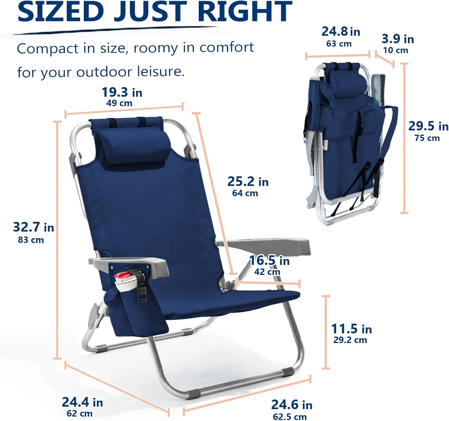 5-Position Aluminum Lay Flat Tall Beach Chair, Compact Portable Backpack Beach Chair for Adults with Cooler Pouch, Storage Pouch, Towel Bar, Cup Holder & Phone Holder, Navy