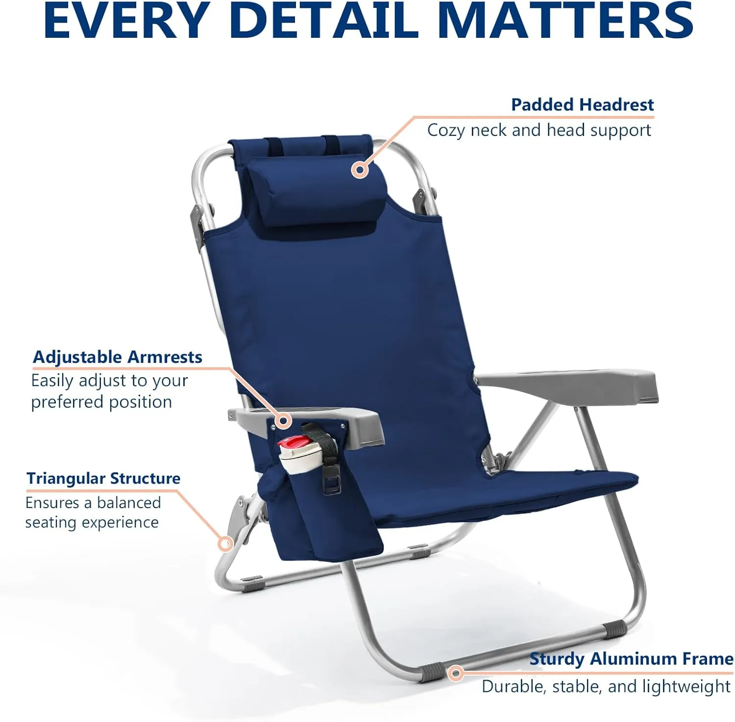 5-Position Aluminum Lay Flat Tall Beach Chair, Compact Portable Backpack Beach Chair for Adults with Cooler Pouch, Storage Pouch, Towel Bar, Cup Holder & Phone Holder, Navy