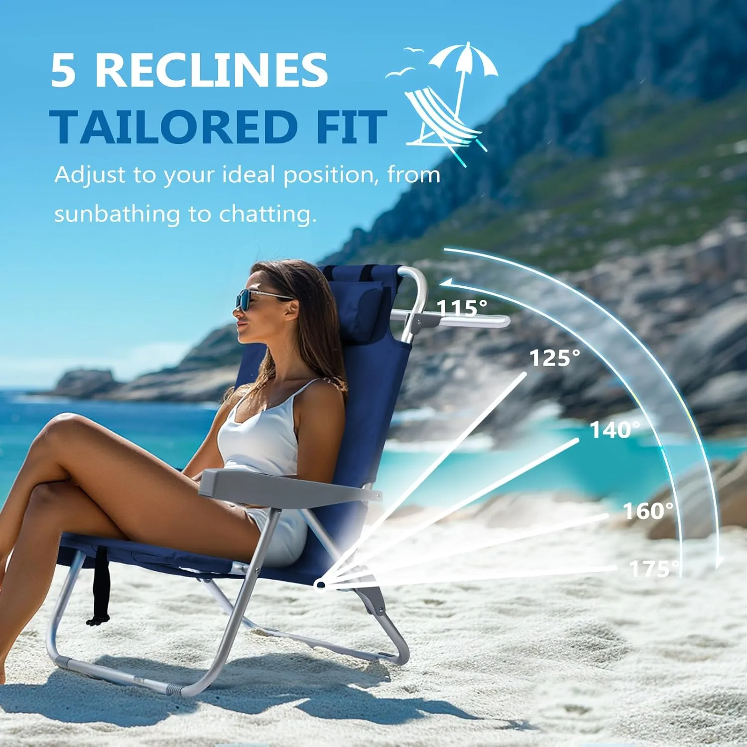 5-Position Aluminum Lay Flat Tall Beach Chair, Compact Portable Backpack Beach Chair for Adults with Cooler Pouch, Storage Pouch, Towel Bar, Cup Holder & Phone Holder, Navy