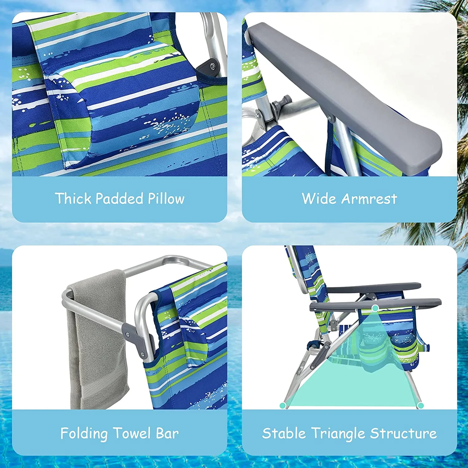 5-Position Outdoor Folding Backpack Beach Table Chair Reclining Chair Set (2-Pack)