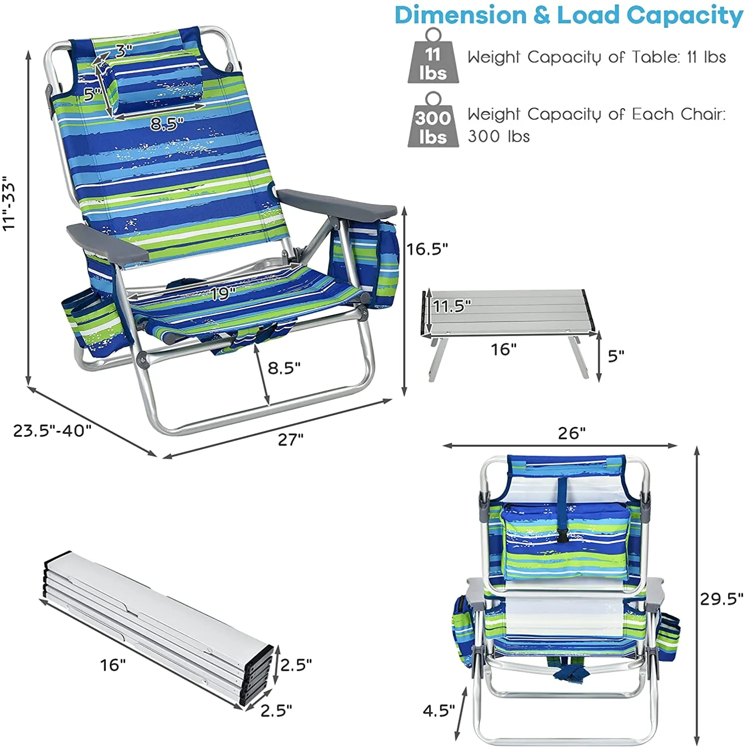 5-Position Outdoor Folding Backpack Beach Table Chair Reclining Chair Set (2-Pack)