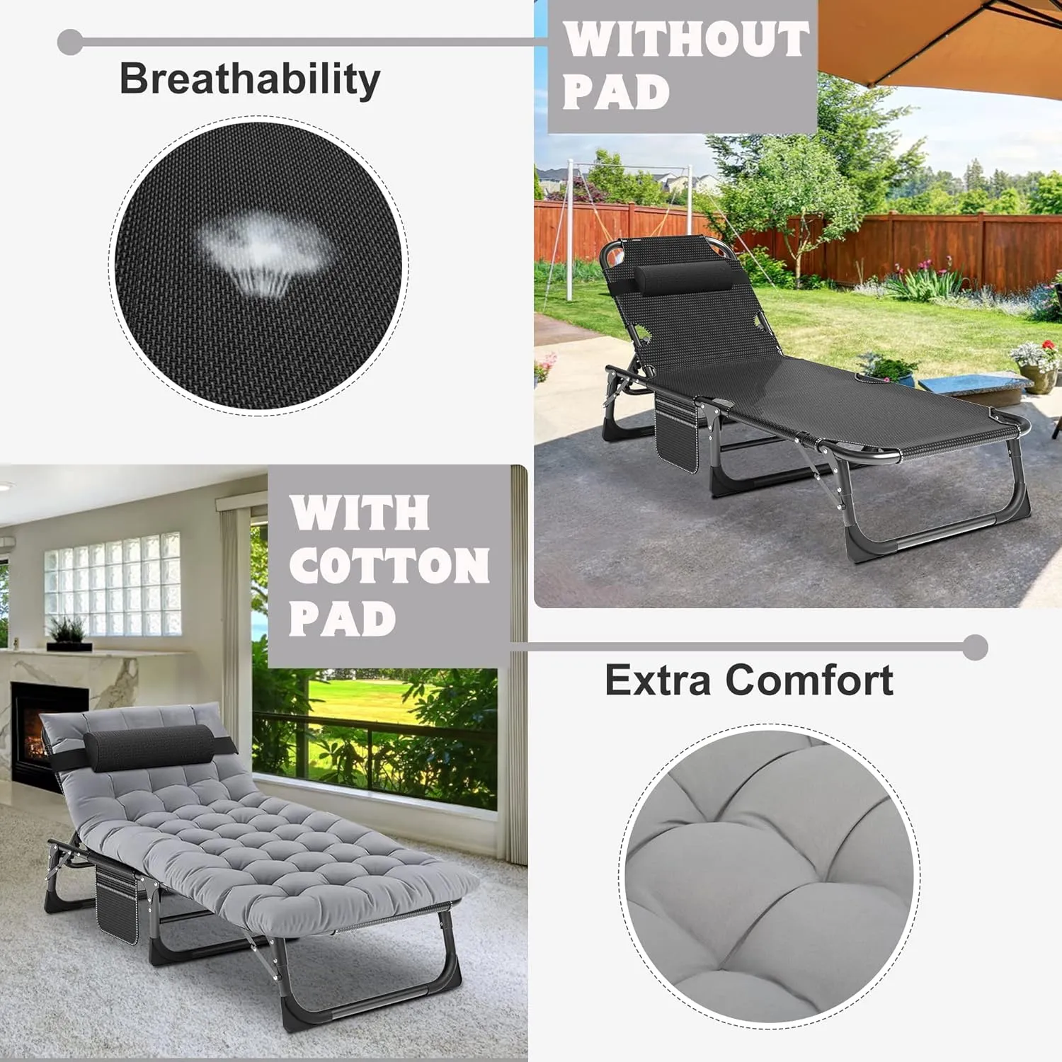 5-Position Portable Camping Cot for Adults | Outdoor Folding Lounge Chair with Pillow | Ideal for Beach, Lawn, Pool, and Sunbathing | Lightweight & Compact Design