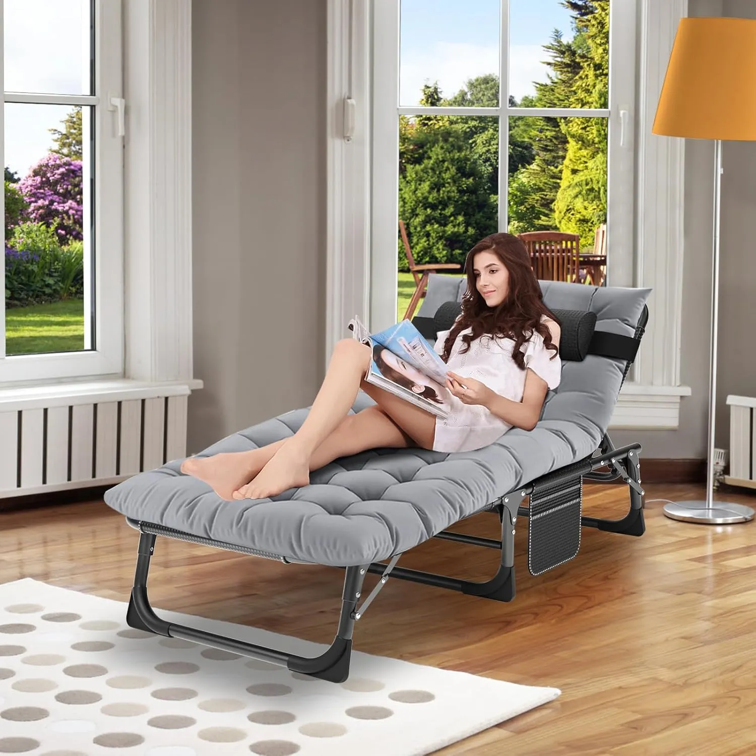 5-Position Portable Camping Cot for Adults | Outdoor Folding Lounge Chair with Pillow | Ideal for Beach, Lawn, Pool, and Sunbathing | Lightweight & Compact Design