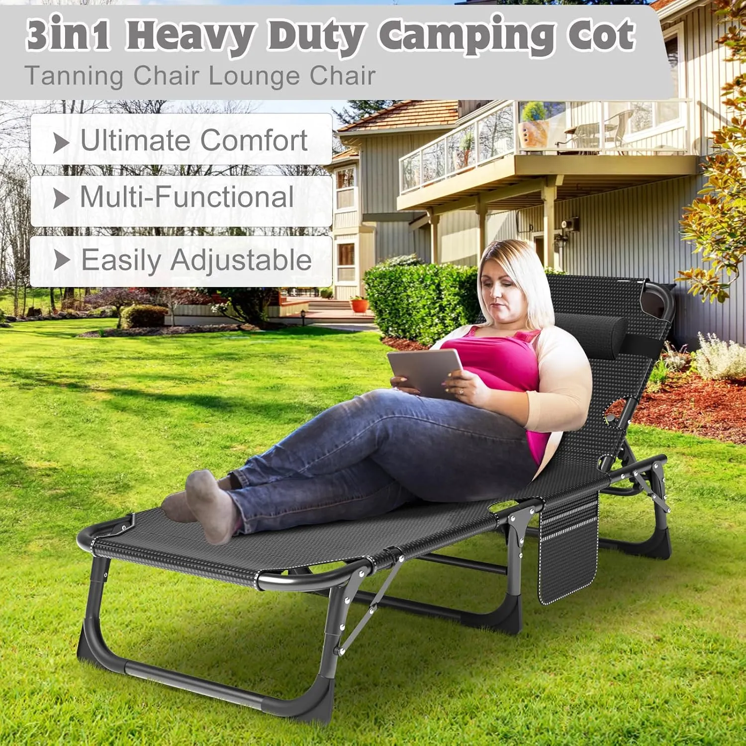 5-Position Portable Camping Cot for Adults | Outdoor Folding Lounge Chair with Pillow | Ideal for Beach, Lawn, Pool, and Sunbathing | Lightweight & Compact Design