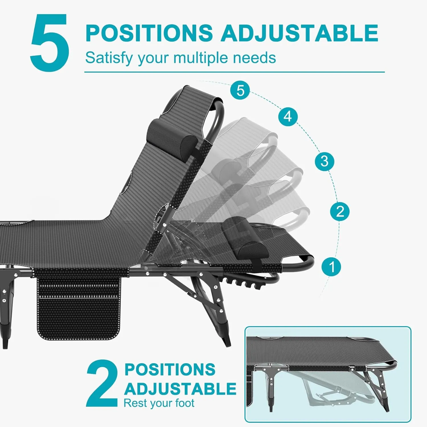 5-Position Portable Camping Cot for Adults | Outdoor Folding Lounge Chair with Pillow | Ideal for Beach, Lawn, Pool, and Sunbathing | Lightweight & Compact Design