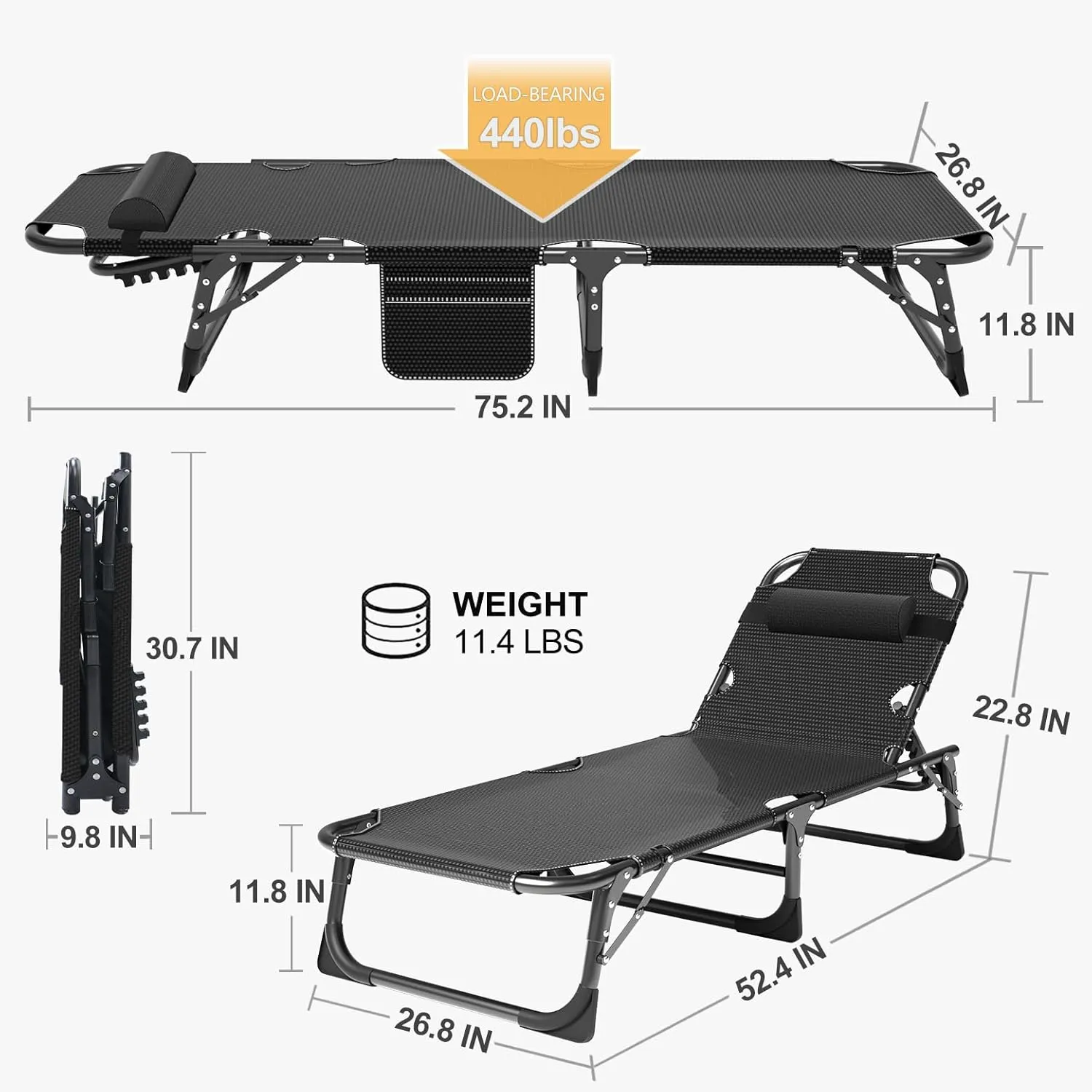 5-Position Portable Camping Cot for Adults | Outdoor Folding Lounge Chair with Pillow | Ideal for Beach, Lawn, Pool, and Sunbathing | Lightweight & Compact Design
