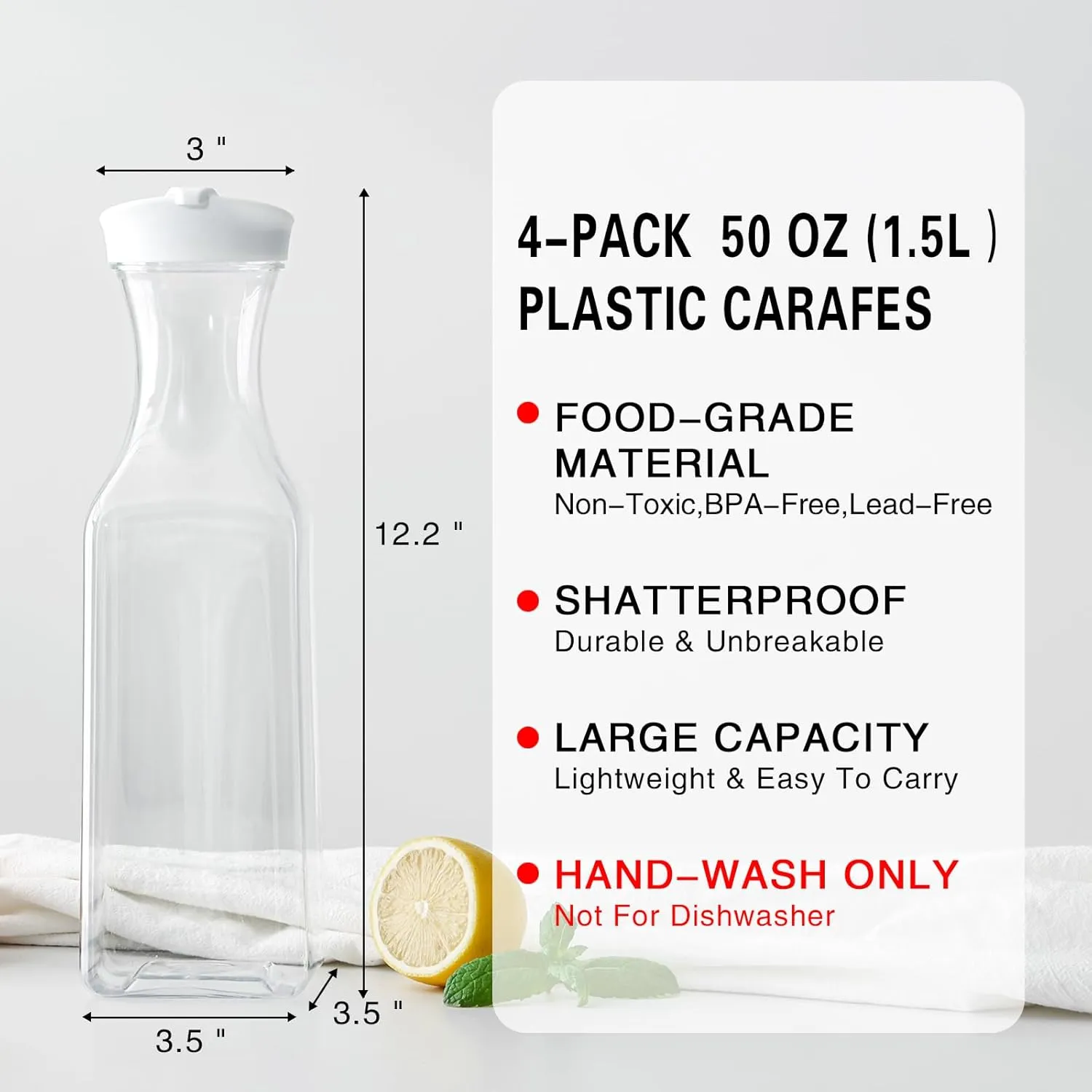 50 Oz Water Carafe with Lids, Square Plastic Pitcher for Mimosa Bar, Drinks, Milk, Iced Tea, Juice Container for Fridge, BPA-Free, NOT DISHWASHER SAFE (6 Pack)