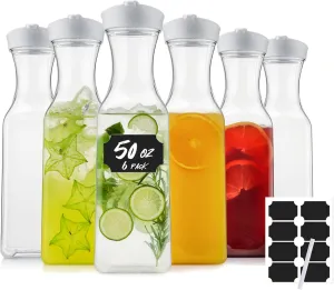50 Oz Water Carafe with Lids, Square Plastic Pitcher for Mimosa Bar, Drinks, Milk, Iced Tea, Juice Container for Fridge, BPA-Free, NOT DISHWASHER SAFE (6 Pack)
