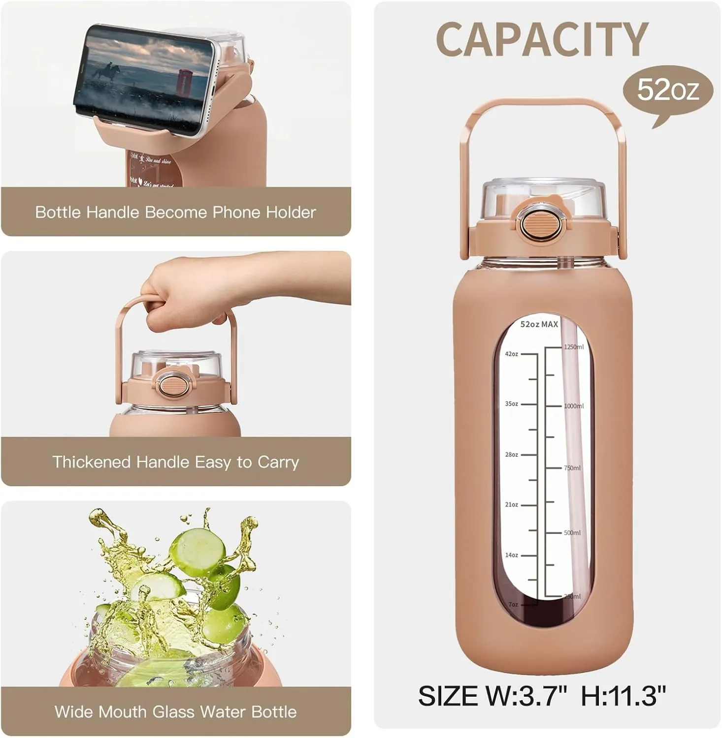 52oz Glass Water Bolttles with Straw Half Gallon Large Motivational Water Bottle with Time Marker Sports Water Bottles with Silicone Sleeve and Handle Lid Water Jug for Gym Workout