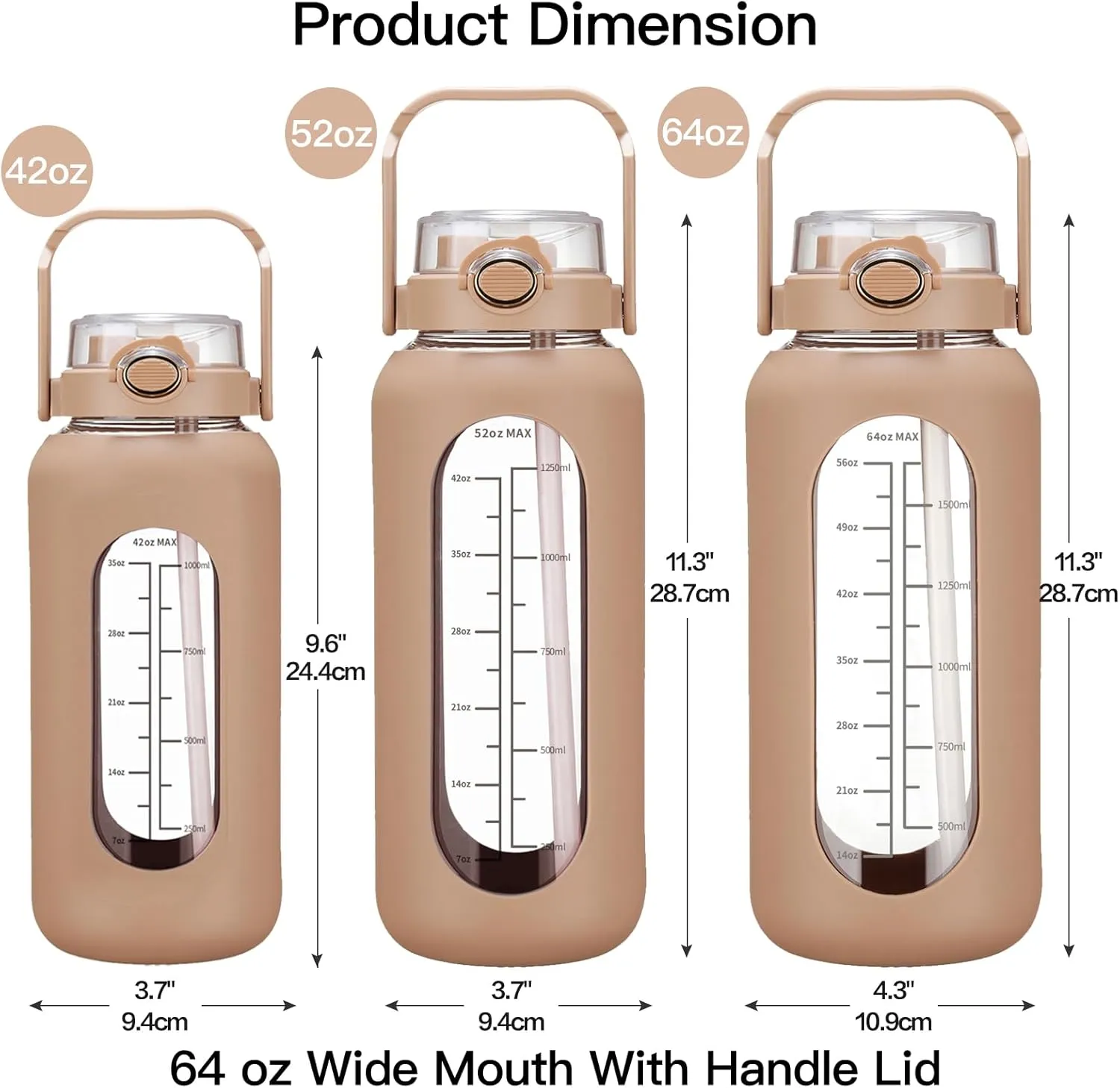 52oz Glass Water Bolttles with Straw Half Gallon Large Motivational Water Bottle with Time Marker Sports Water Bottles with Silicone Sleeve and Handle Lid Water Jug for Gym Workout