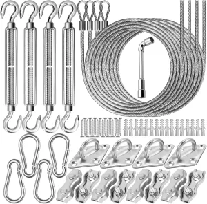 57Pcs Sun Shade Sail Hardware Kit 6 inch with 4Pcs 13Ft Wire Cable for Triangle Rectangle Sunshade 304 Stainless Fixing Accessories Installation Awning Attachment Set for Garden Patio Outdoor