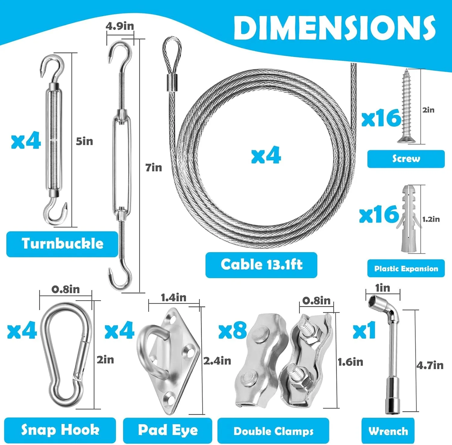 57Pcs Sun Shade Sail Hardware Kit 6 inch with 4Pcs 13Ft Wire Cable for Triangle Rectangle Sunshade 304 Stainless Fixing Accessories Installation Awning Attachment Set for Garden Patio Outdoor