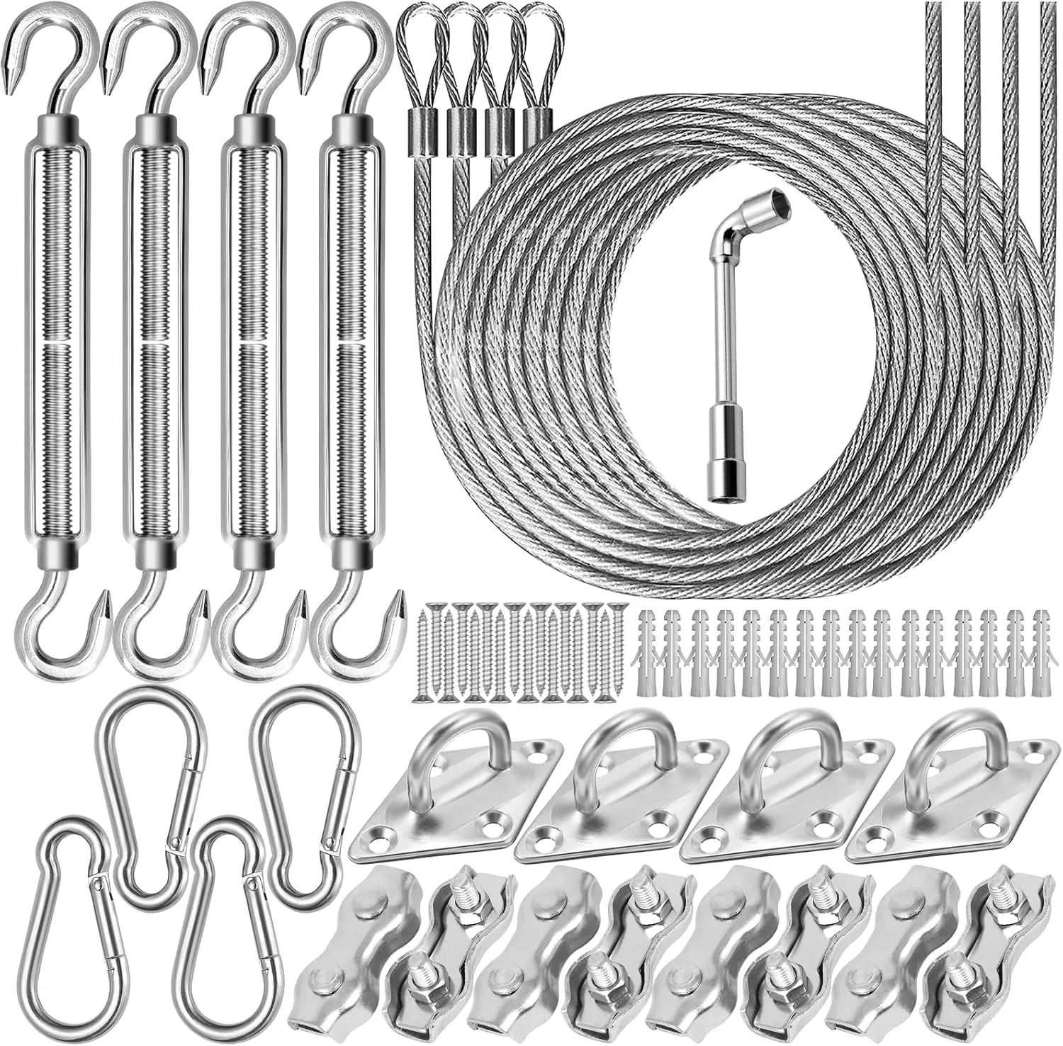 57Pcs Sun Shade Sail Hardware Kit 6 inch with 4Pcs 13Ft Wire Cable for Triangle Rectangle Sunshade 304 Stainless Fixing Accessories Installation Awning Attachment Set for Garden Patio Outdoor