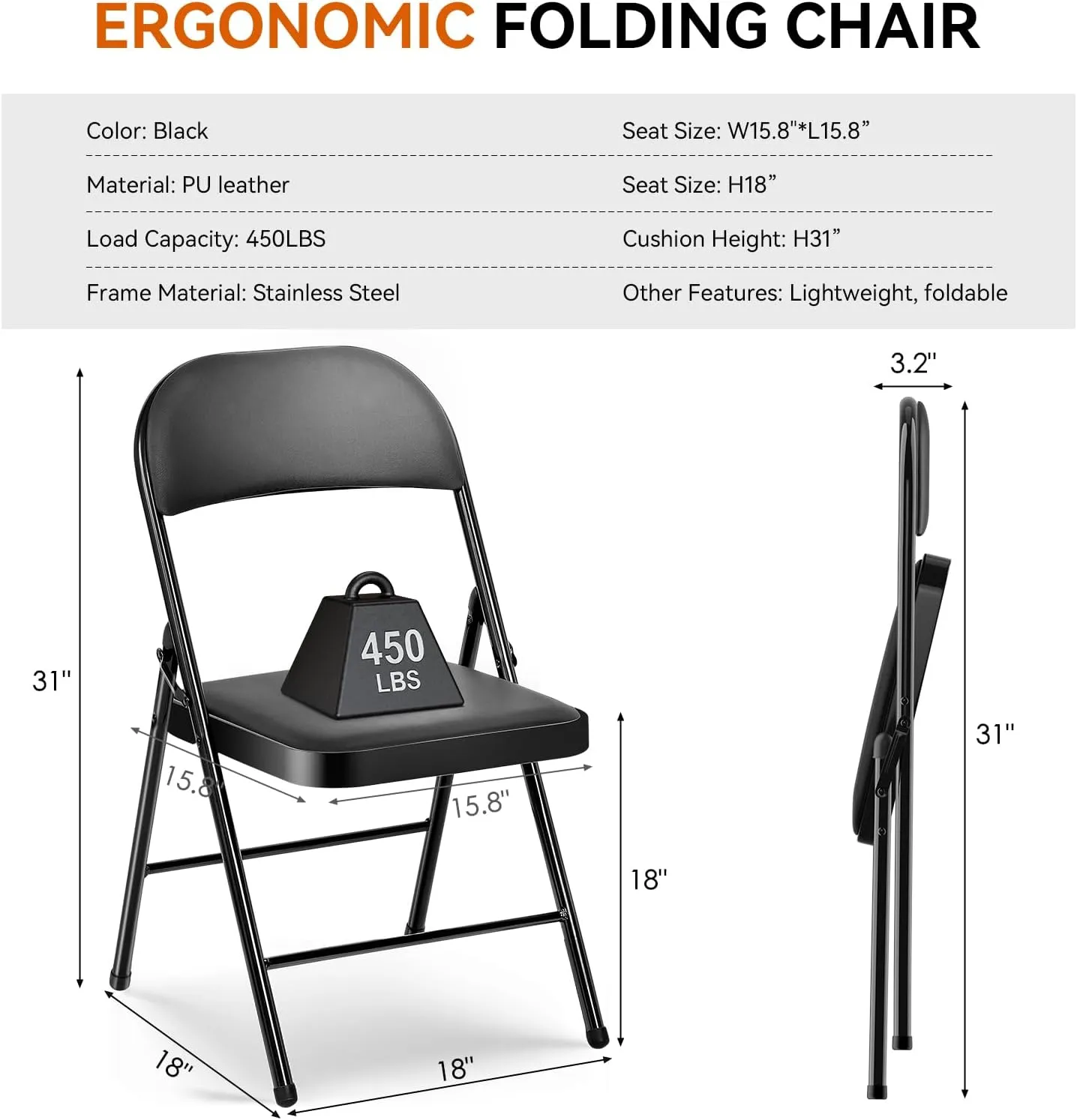 6 Pack Folding Chairs with Cushion – Padded Foam Seating Black Space-Saving Foldable Chairs for Indoor Outdoor Weddings, Parties, Backyard & Office Events (Black, 6 Pack)