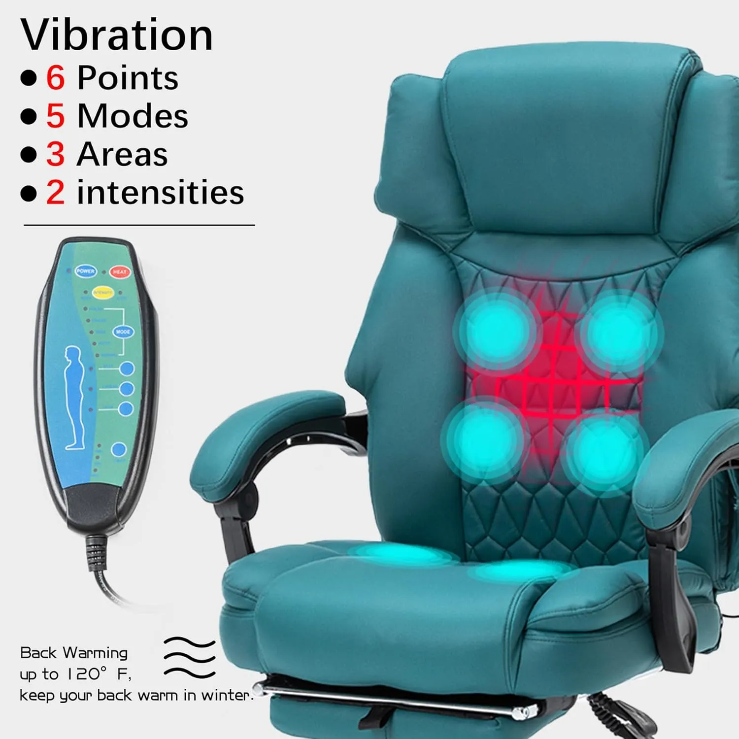 6 Points Massage Office Chair with Heat,Reclining Office Chair with Foot Rest,Vibration Home Desk Chairs for Heavy People 400lbs,Ergonomic Managerial Executive Chairs (Teal Blue)