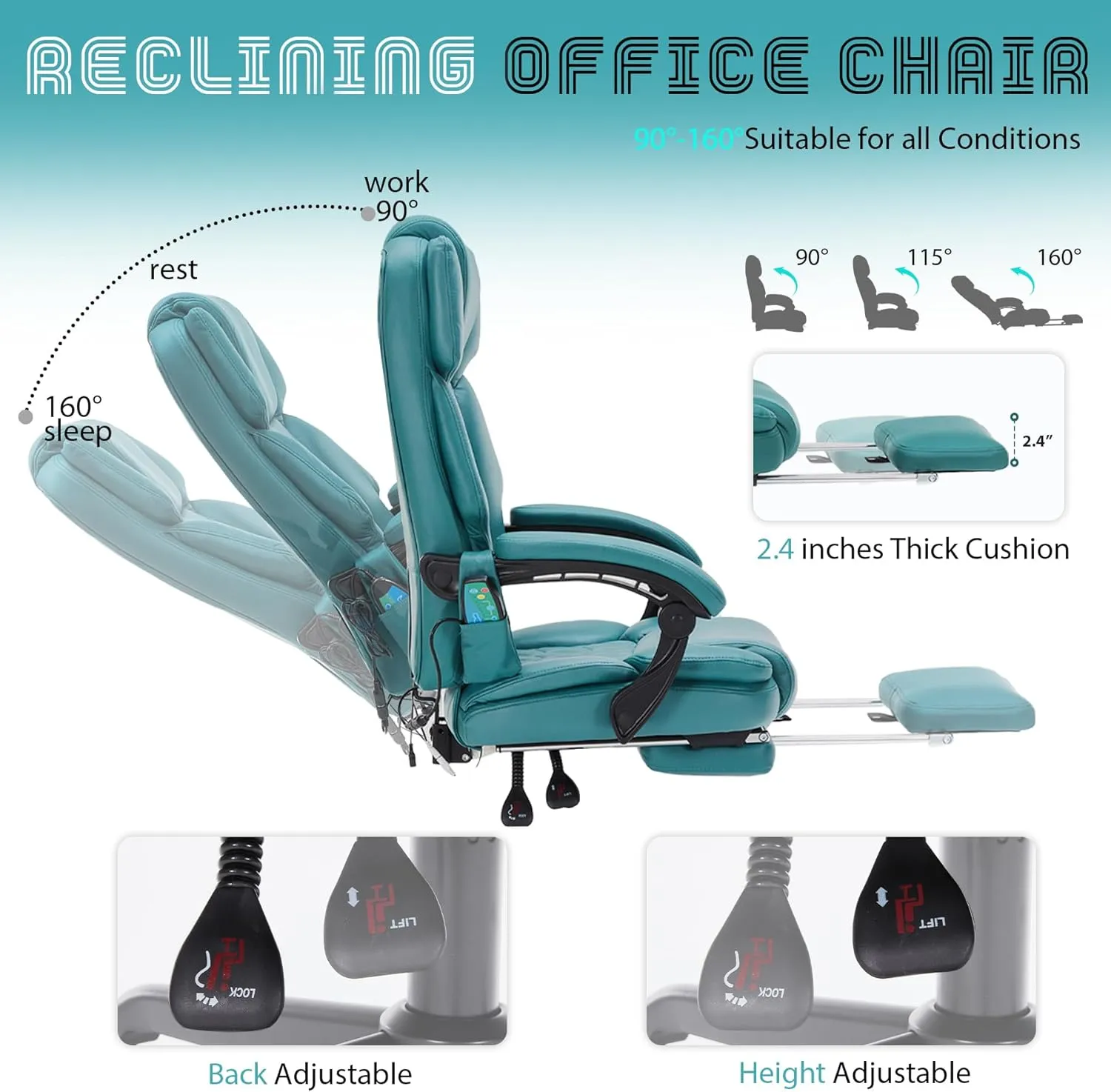 6 Points Massage Office Chair with Heat,Reclining Office Chair with Foot Rest,Vibration Home Desk Chairs for Heavy People 400lbs,Ergonomic Managerial Executive Chairs (Teal Blue)
