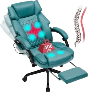 6 Points Massage Office Chair with Heat,Reclining Office Chair with Foot Rest,Vibration Home Desk Chairs for Heavy People 400lbs,Ergonomic Managerial Executive Chairs (Teal Blue)