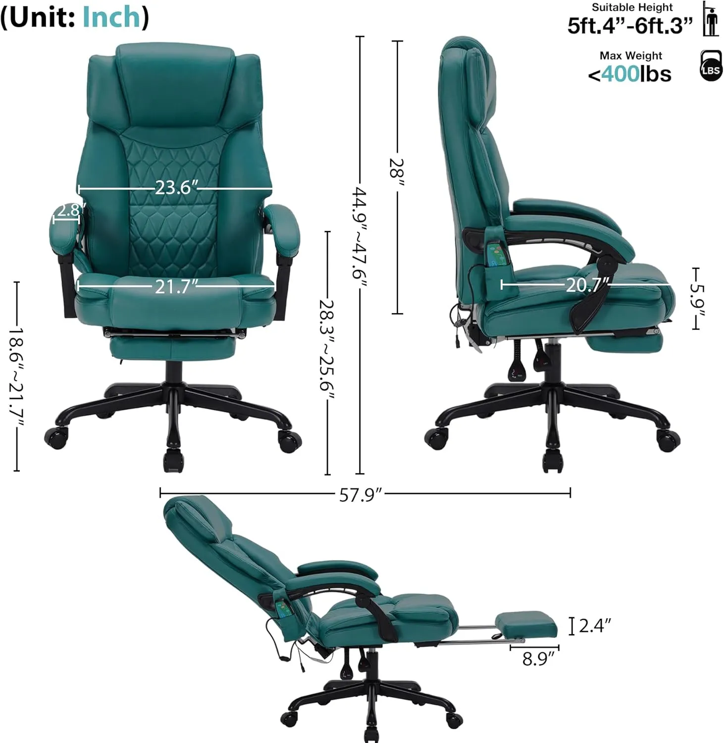 6 Points Massage Office Chair with Heat,Reclining Office Chair with Foot Rest,Vibration Home Desk Chairs for Heavy People 400lbs,Ergonomic Managerial Executive Chairs (Teal Blue)