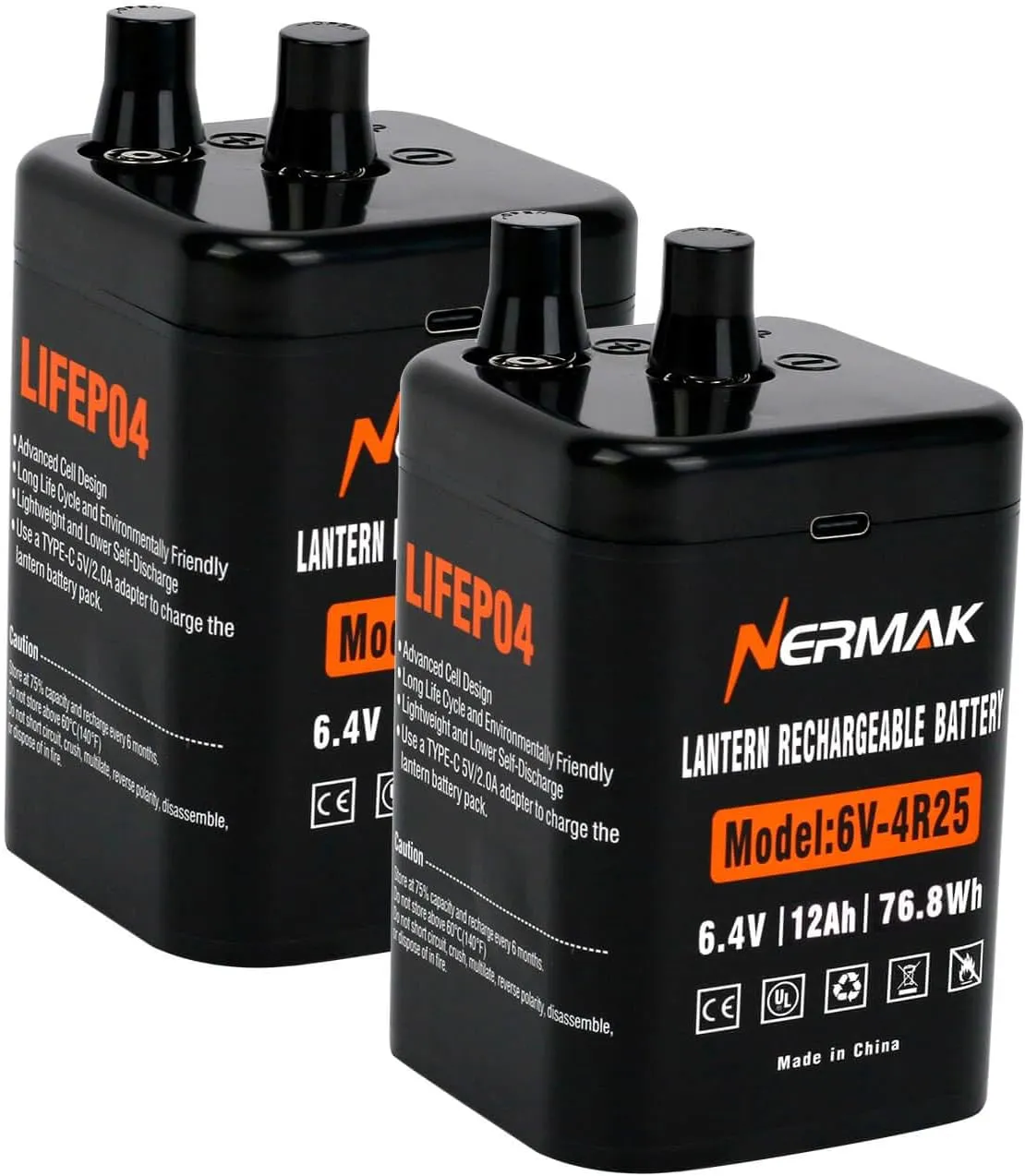 6 Volt 12Ah Lithium Ion Heavy Duty Lantern Battery 2 Pack, 2000 Cycles Rechargeable LiFePO4 Battery for 4R25 Lantern(Spring S2 Terminals)