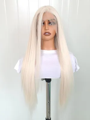 60# Lace Front Wig Platinum Blonde Long Straight 13x4 Natural Hair Line Synthetic Fiber Hair for Women Heat Resistant 24 inches